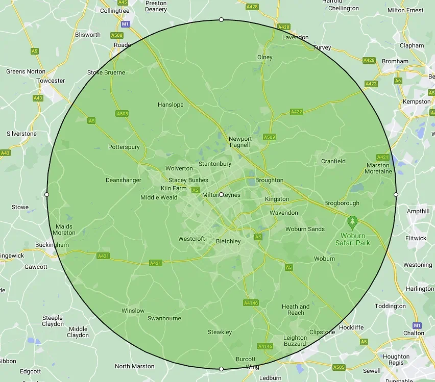 WV Landscapes service coverage map around Milton Keynes, Newport Pagnell, Bedfordshire, Towcester and Northampton